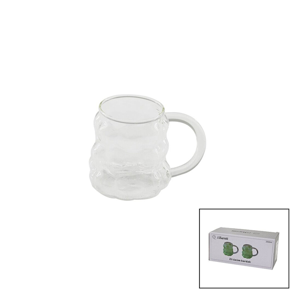 2PCS  ÜZÜM - KABARCIKLI KULPLU CAM BARDAK TERMİSİL - ISIYA DAYANIKLI BOROSİLİKAT 350 ML