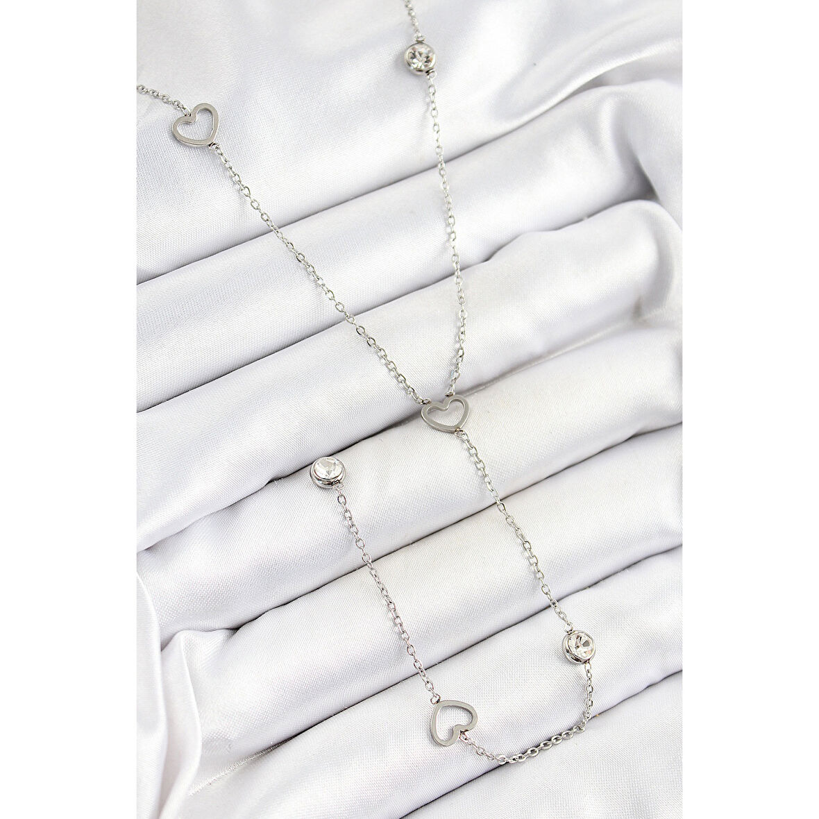 316L Çelik Zirkon Taşlı Kalp Figürlü Y Model Gümüş Renk Kadın Kolye