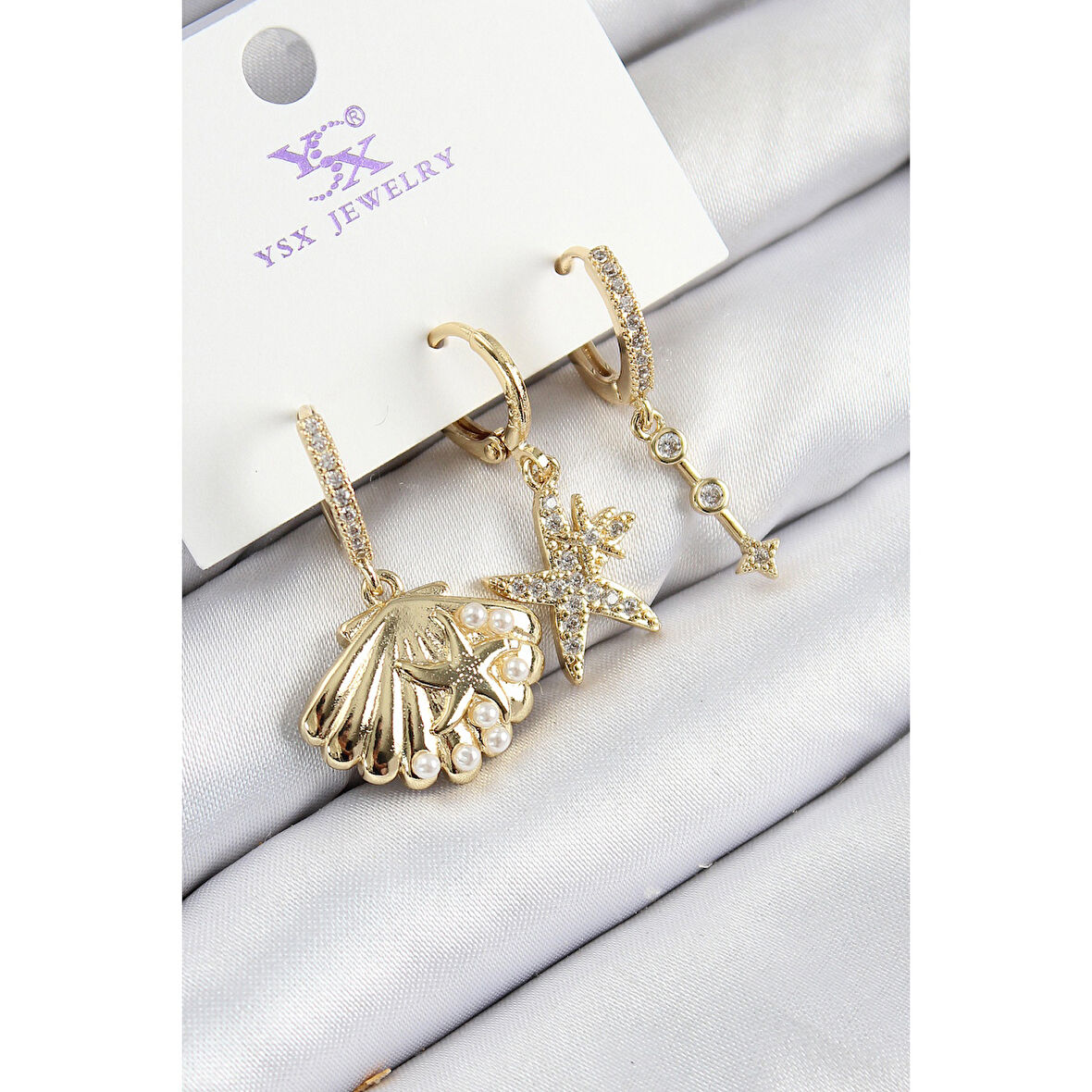 Pirinç Zirkon Taşlı 3'lü İstiridye Ve Yıldız Model Gold Renk Kadın Küpe