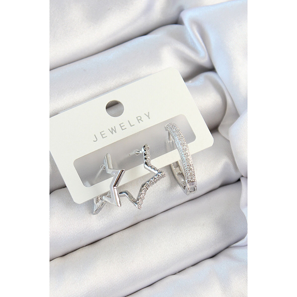 Pirinç Zirkon Taşlı Yıldız Ve Halka Model Gümüş Renk 3'lü Çift Kadın Küpe Set