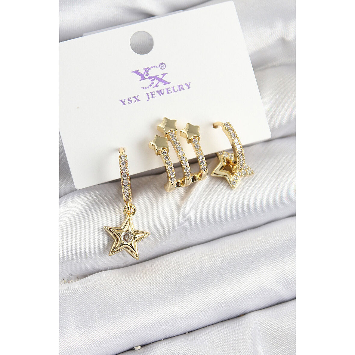 Pirinç Zİrkon Taşlı Sallantılı Yıldız Model Gold Renk 3'lü Kadın Küpe