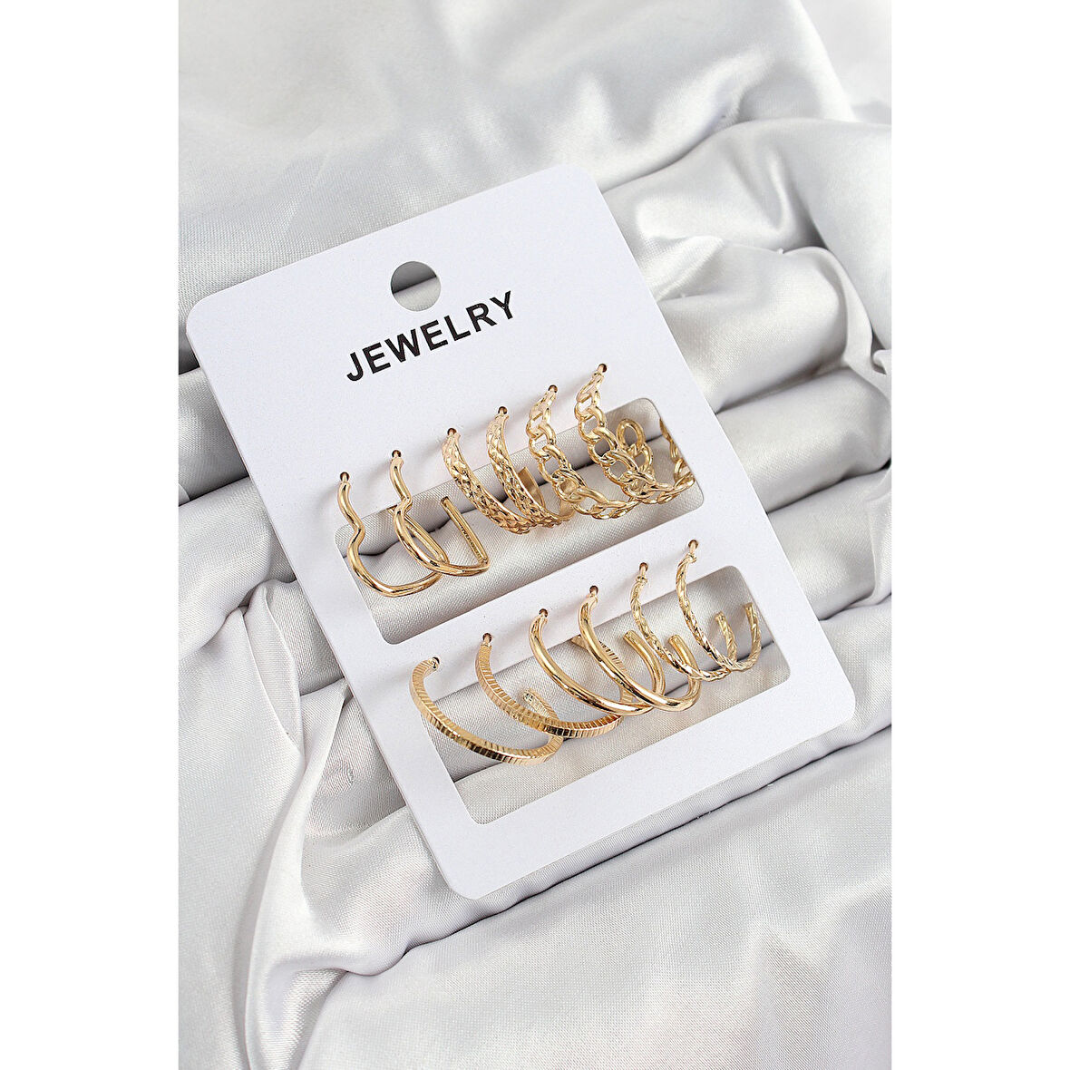 Pirinç Karışık Halka Model Gold Renk 6 Çift Kadın Küpe Set