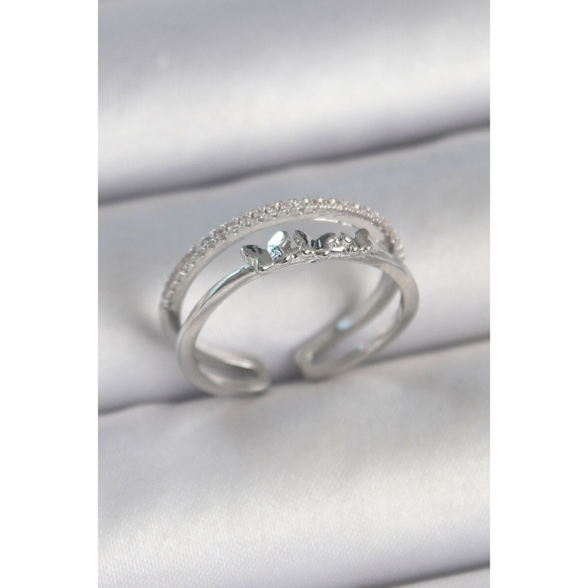 Pirinç Gümüş Renk 2'Li Zirkon Taş Detaylı Kelebek Figür Ayarlanabilir Model Kadın Yüzük