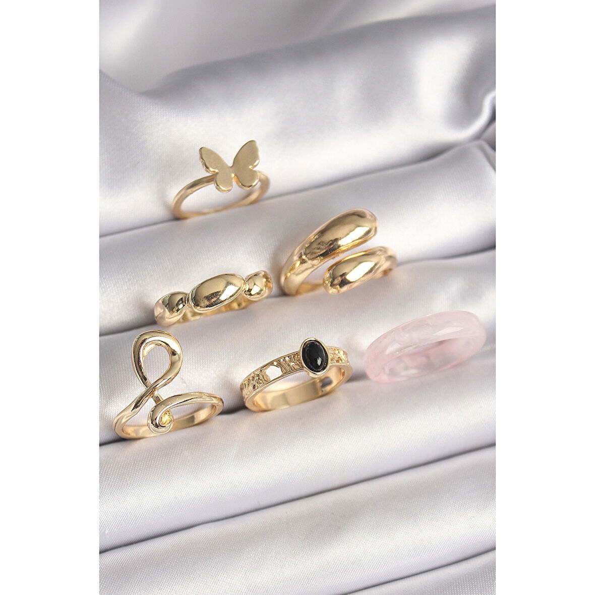 Pirinç Gold Renk Kelebek Figür Sarmal Model 6'Lı Kadın Yüzük Seti