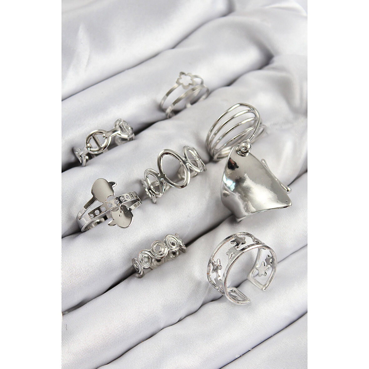 Pirinç Sarmal Ve Yıldız Model Gümüş Renk Kadın Yüzük Kombin Set