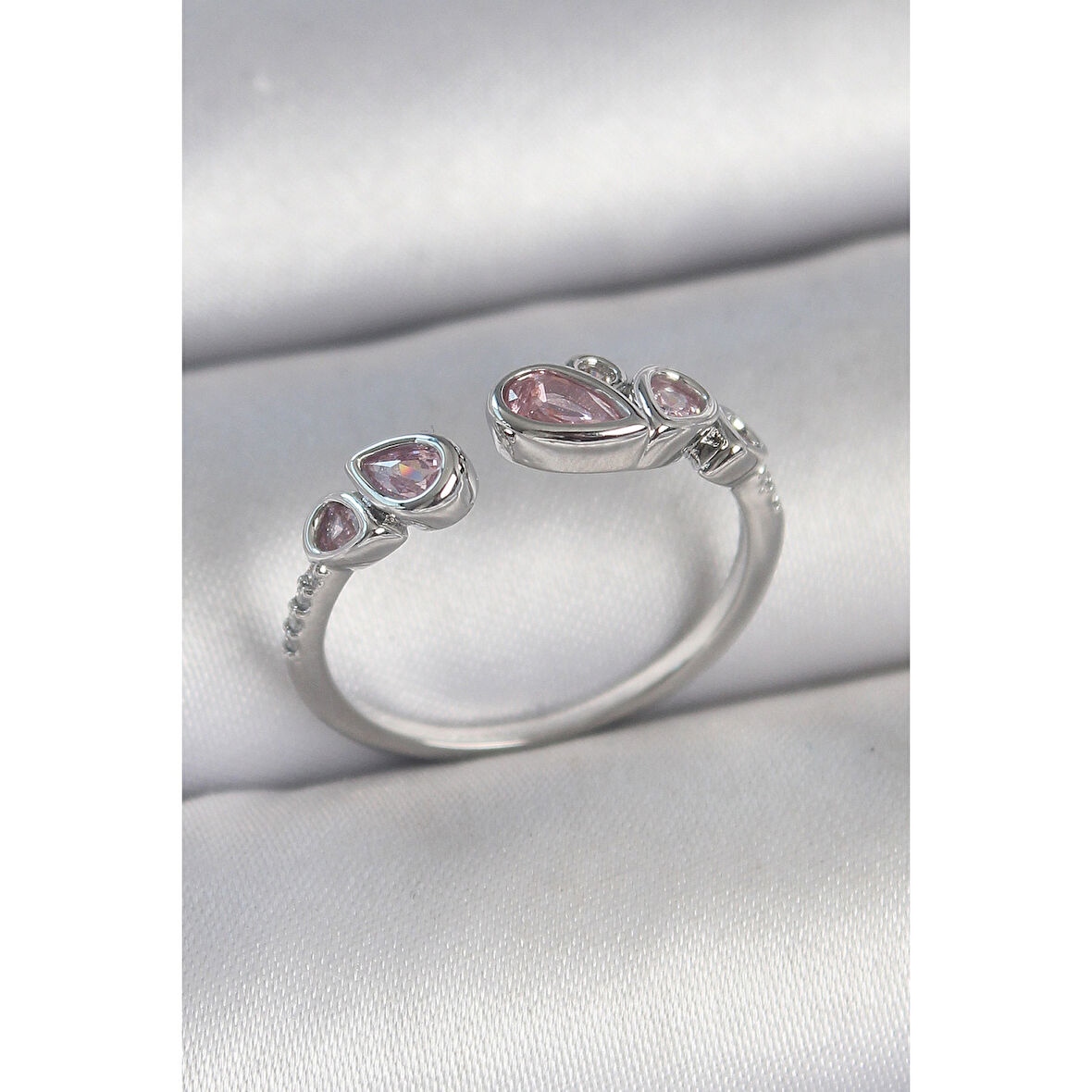 Pirinç Gümüş Renk Pembe Damla Zirkon Taşlı Ayarlanabilir Model Kadın Yüzük