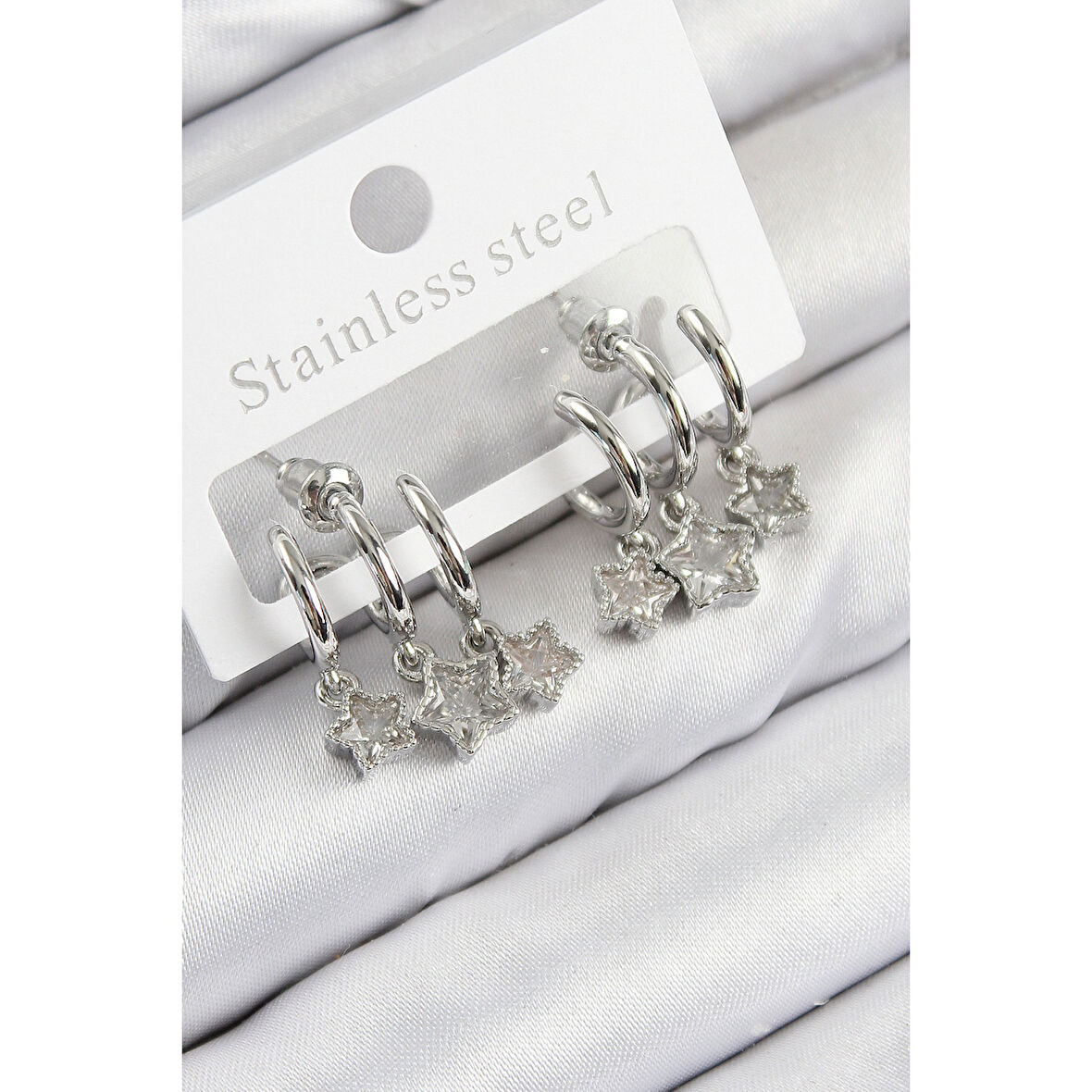 Pirinç Zirkon Taşlı Sallantılı Yıldız Model Gümüş Renk Kadın Küpe