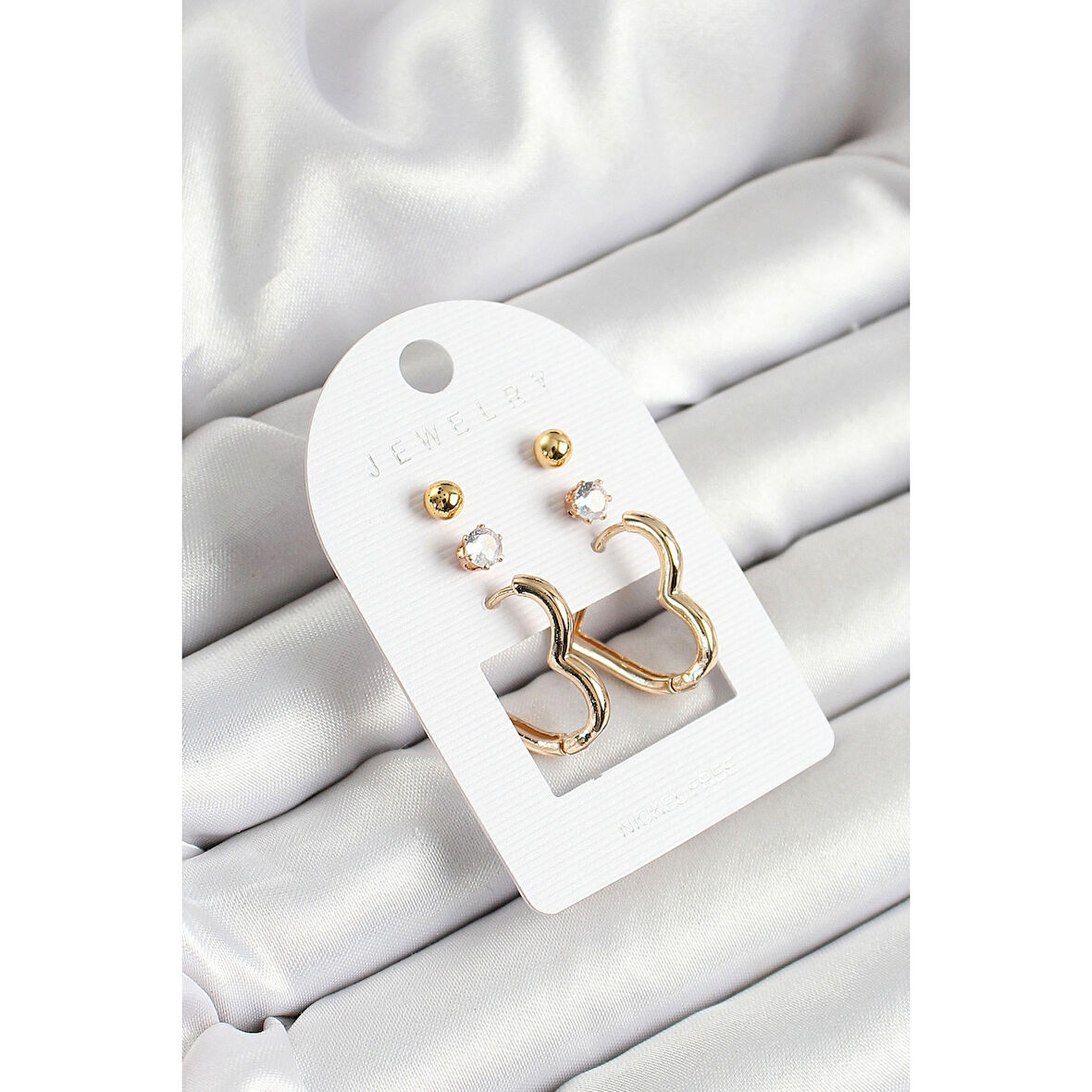 Pirinç Zirkon Taş Ve Kalp Figürlü Gold Renk 3'lü Çift Kadın Küpe Set