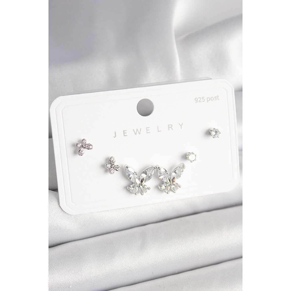 925 Ayar Gümüş Çivi Pirinç Zirkon Taşlı Kelebek Model Kadın Küpe Seti