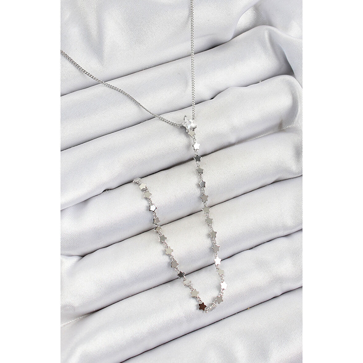 Pirinç Zirkon Taşlı Yıldız Figürlü Y Model Gümüş Renk Kadın Kolye