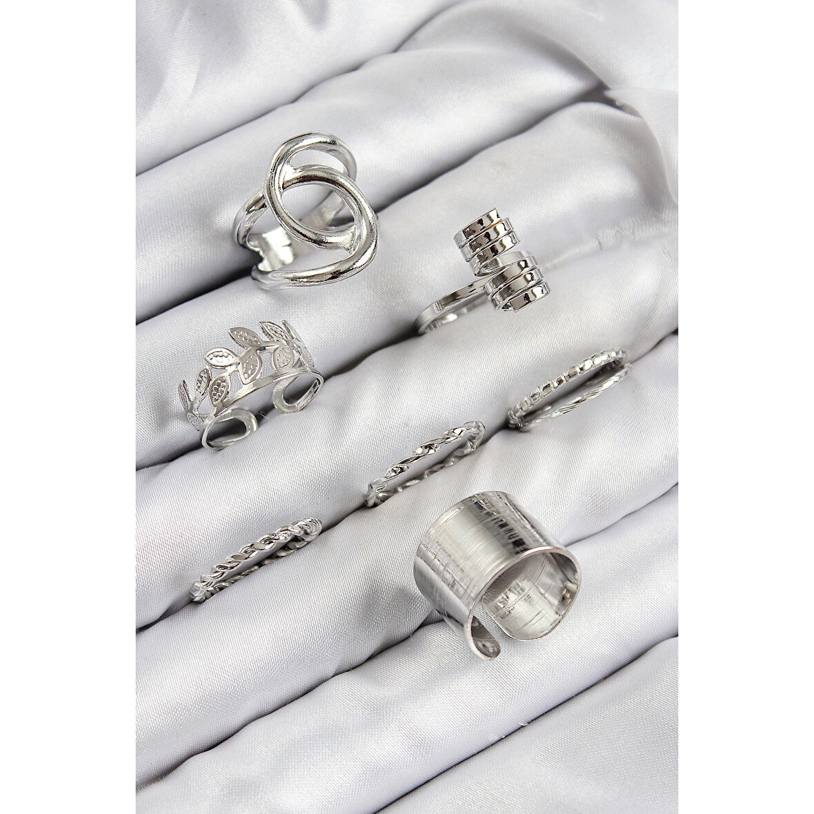 Pirinç Yaprak Model Gümüş Renk Kadın Yüzük Kombin Set