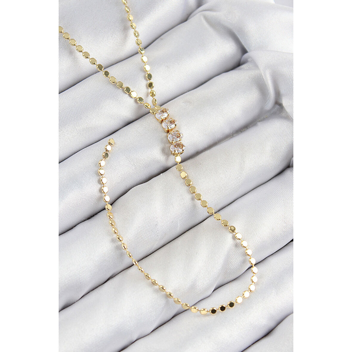 Pirinç Zirkon Taşlı Ezme Zincirli Model Gold Renk Y Kolye