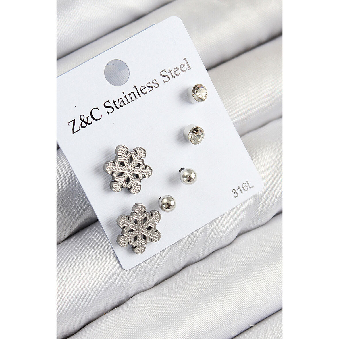 316L Çelik Zirkon Taşlı Kar Tanesi Model Gümüş Renk Kadın Set Küpe