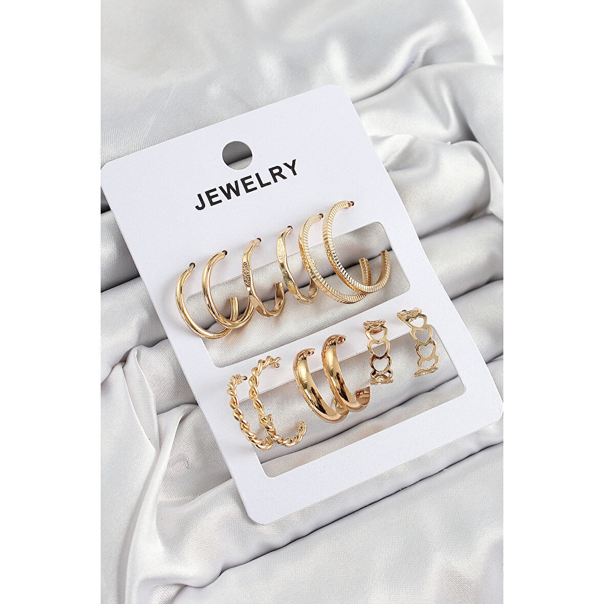 Pirinç Karışık Halka Model Gold Renk 6 Çift Kadın Küpe Set