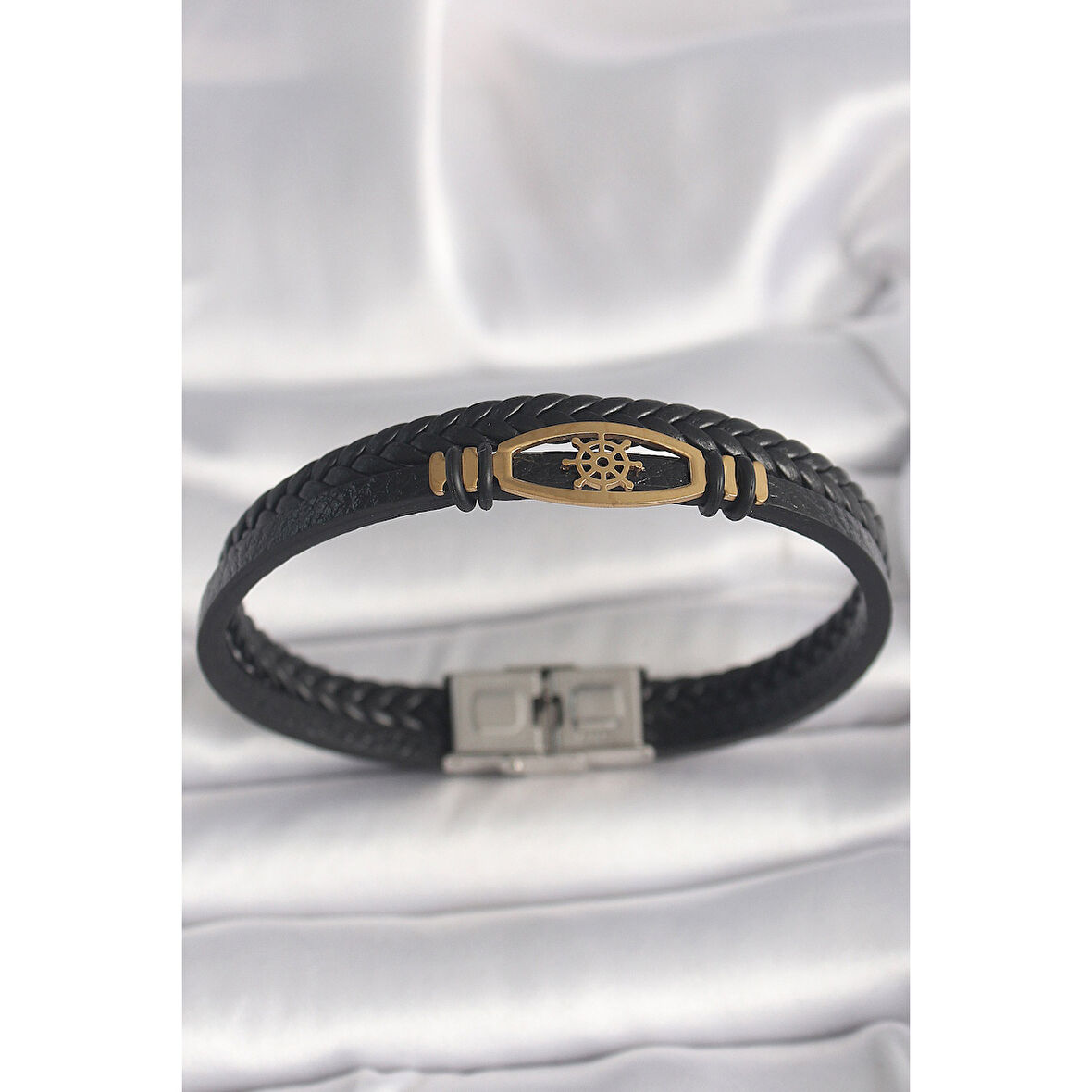 316L Çelik Gold Renk Gemi Dümen Figür Siyah Renk Çift Sıra Burgu Desenli Deri Kordon Erkek Bileklik