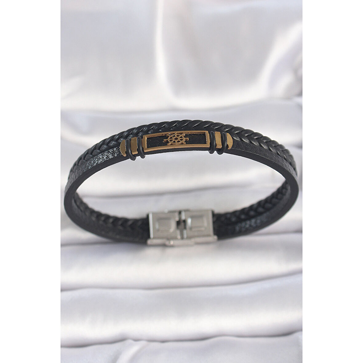 316L Çelik Gold Renk Gemi Dümeni Aksesuarlı Çift Sıra Burgu Desenli Deri Kordon Erkek Bileklik