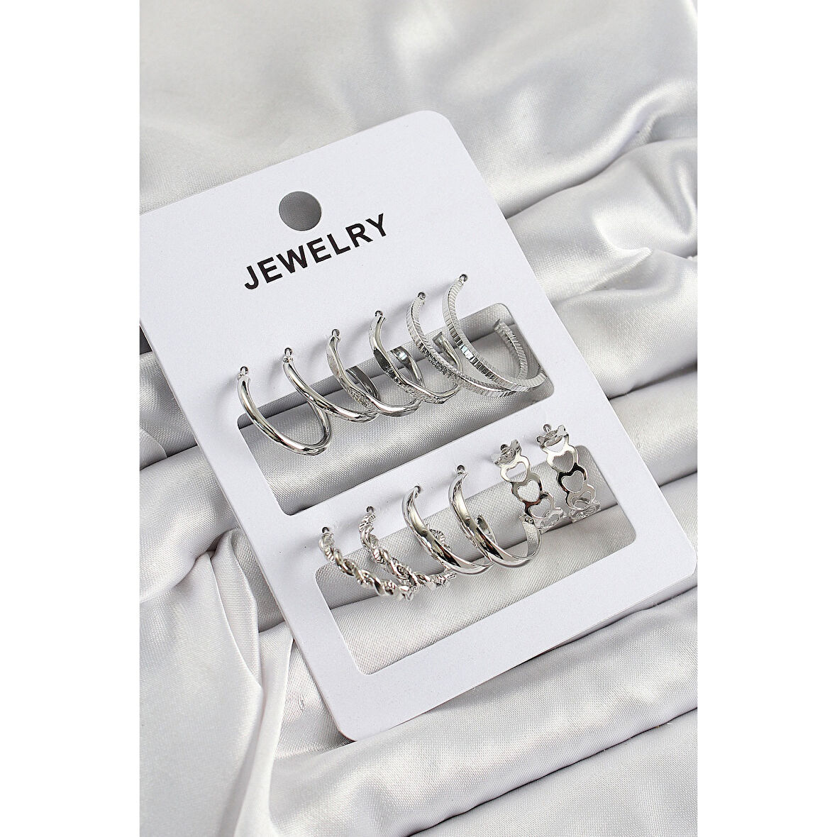 Pirinç Karışık Halka Model Gümüş Renk 6 Çift Kadın Küpe Set