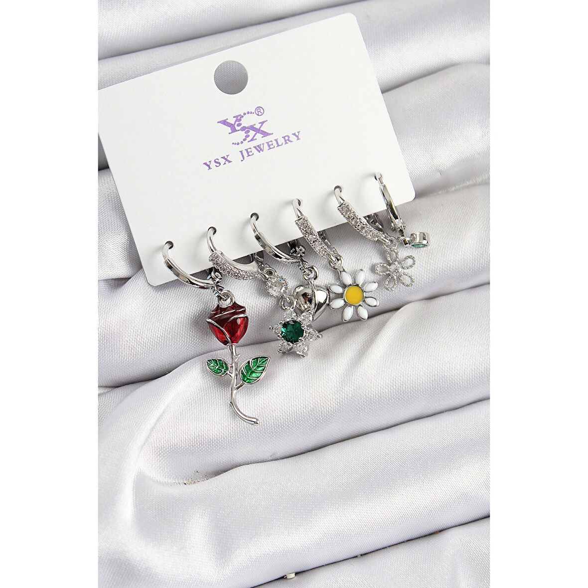 Pirinç Zİrkon Taşlı Gül Ve Papatya Model Gümüş Renk 3'lü Çift Kadın Küpe