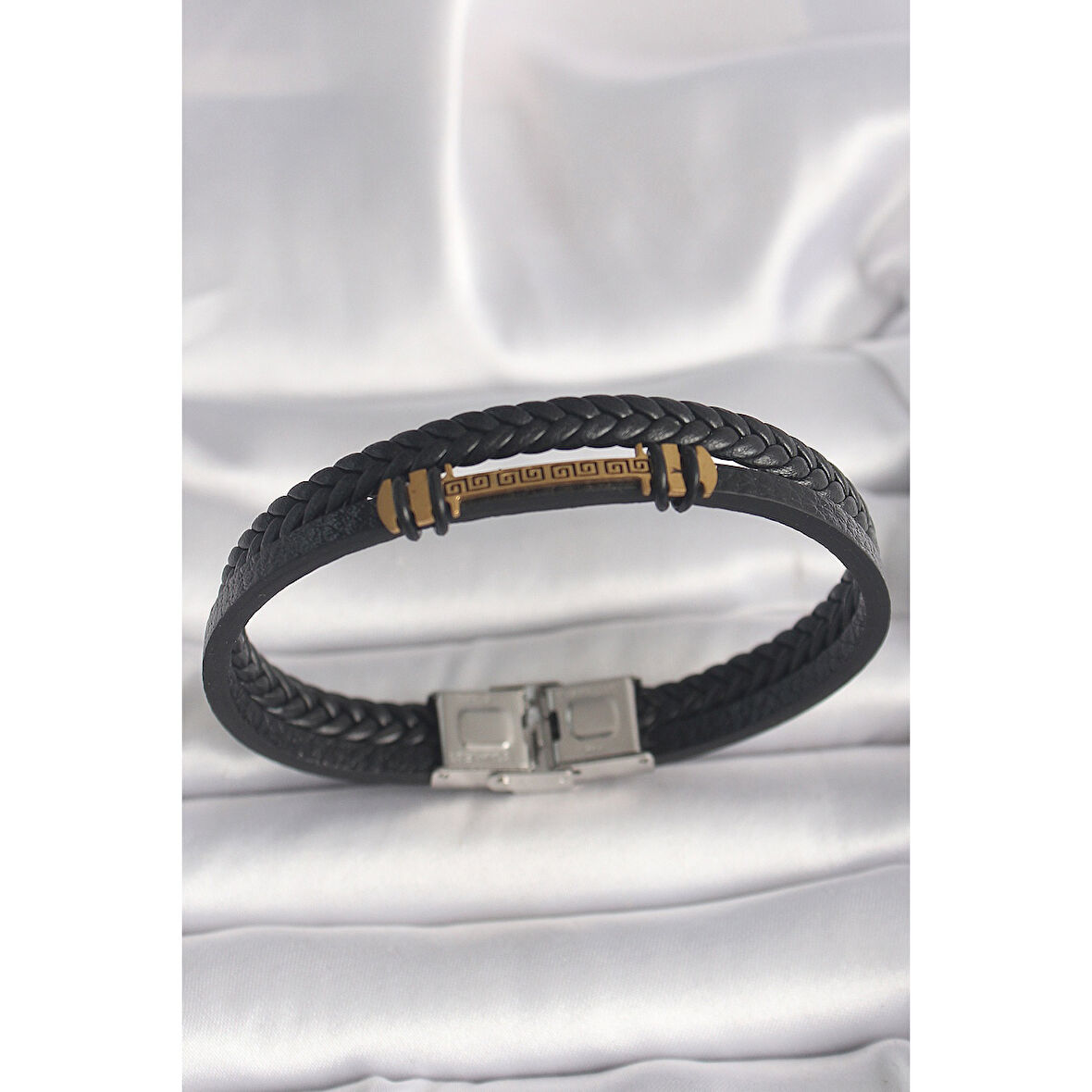 316L Çelik Gold Renk ZikZak İşlemeli Aksesuarlı Çift Sıra Burgu Desenli Deri Kordon Erkek Bileklik