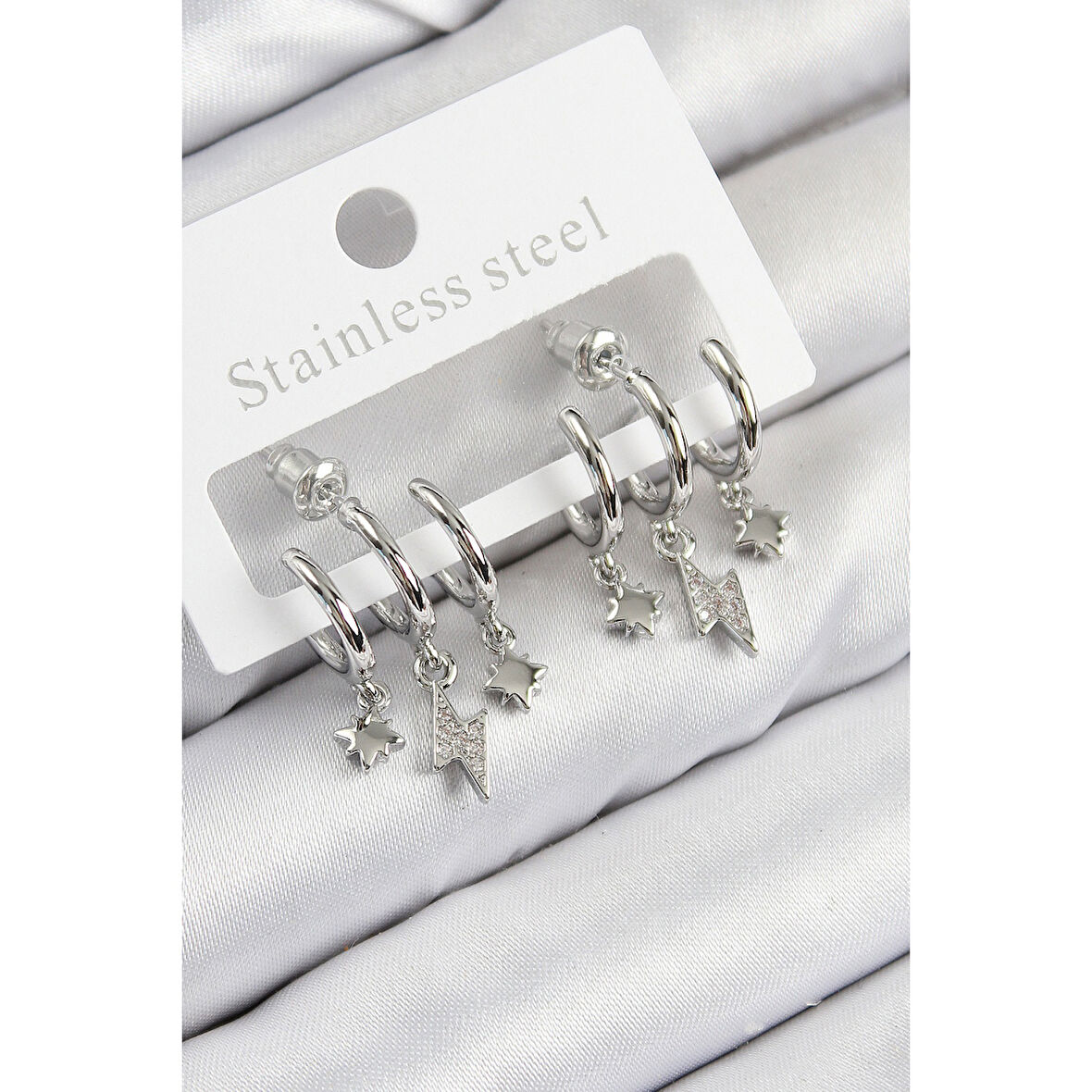 Pirinç Zirkon Taşlı Şimşek Model Gümüş Renk Kadın Küpe