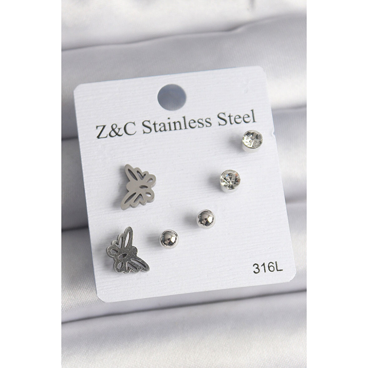 316L Çelik Gümüş Renk Zirkon Taşlı Kelebek Model Kadın Küpe Seti