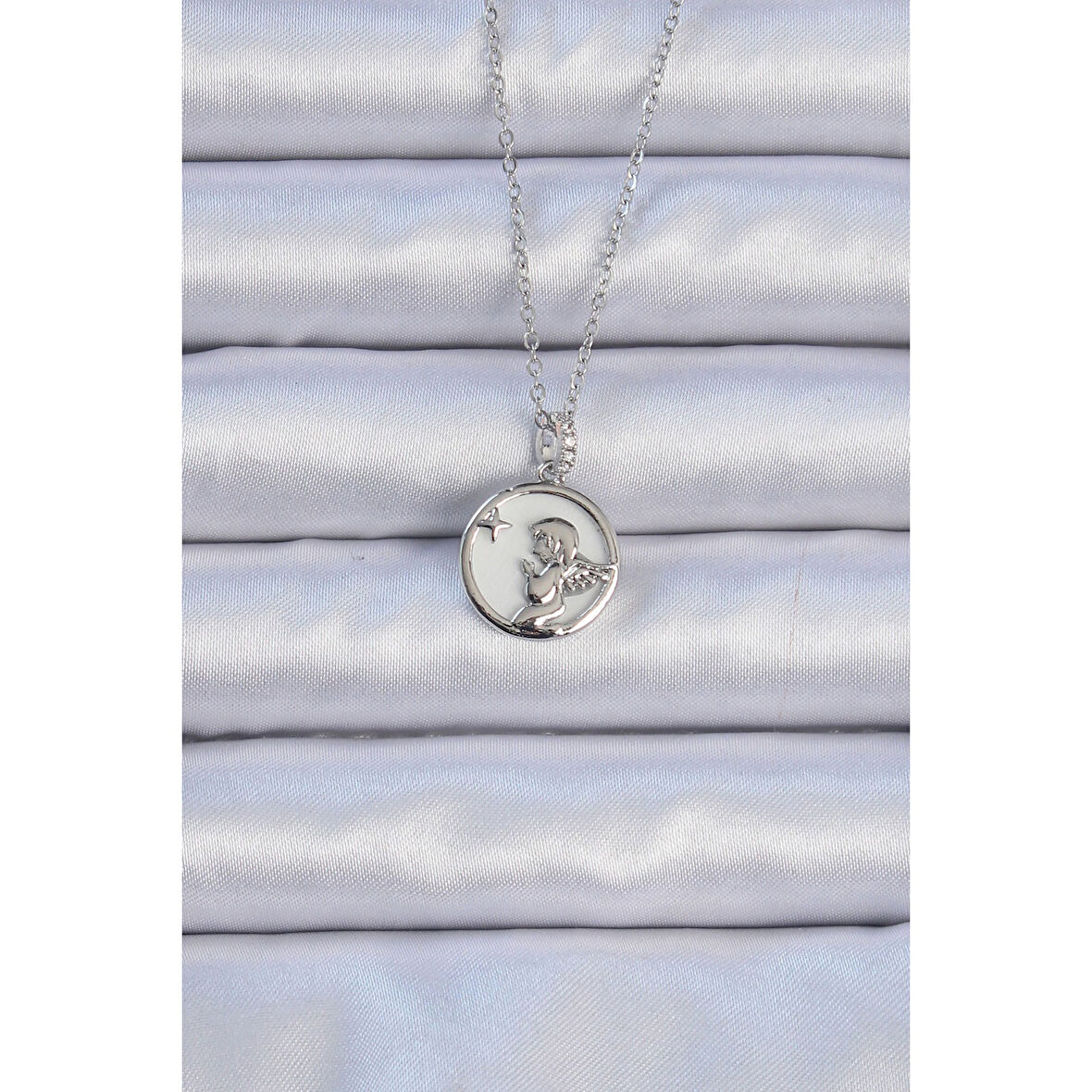 316L Çelik Zincir Gümüş Renk Zirkon Taşlı Mineli Melek Kolye