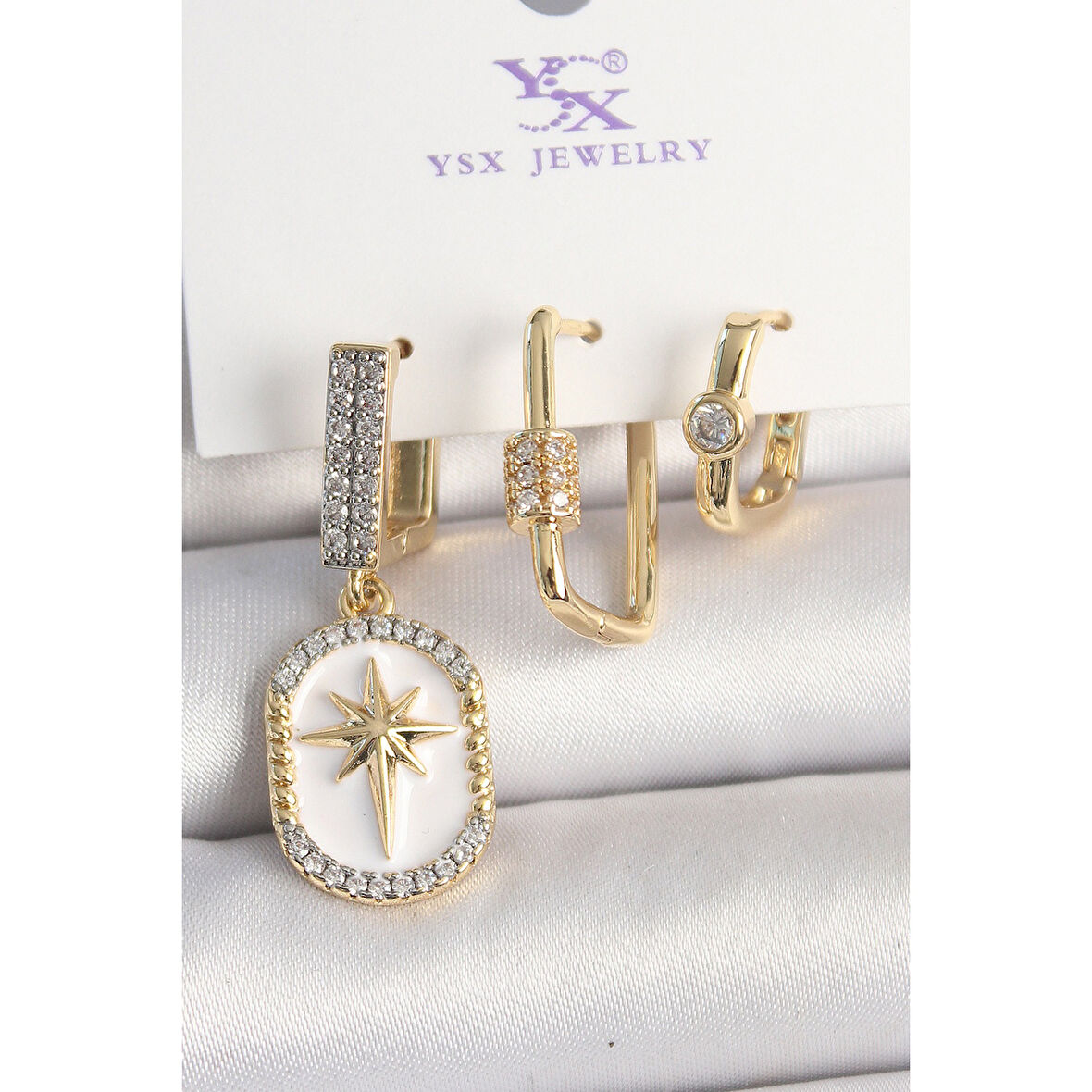Pirinç Gold Renk Sallantı Zirkon Taş İşlmeli Yıldız Portre Model 3'Lü Kadın Kombin Küpe