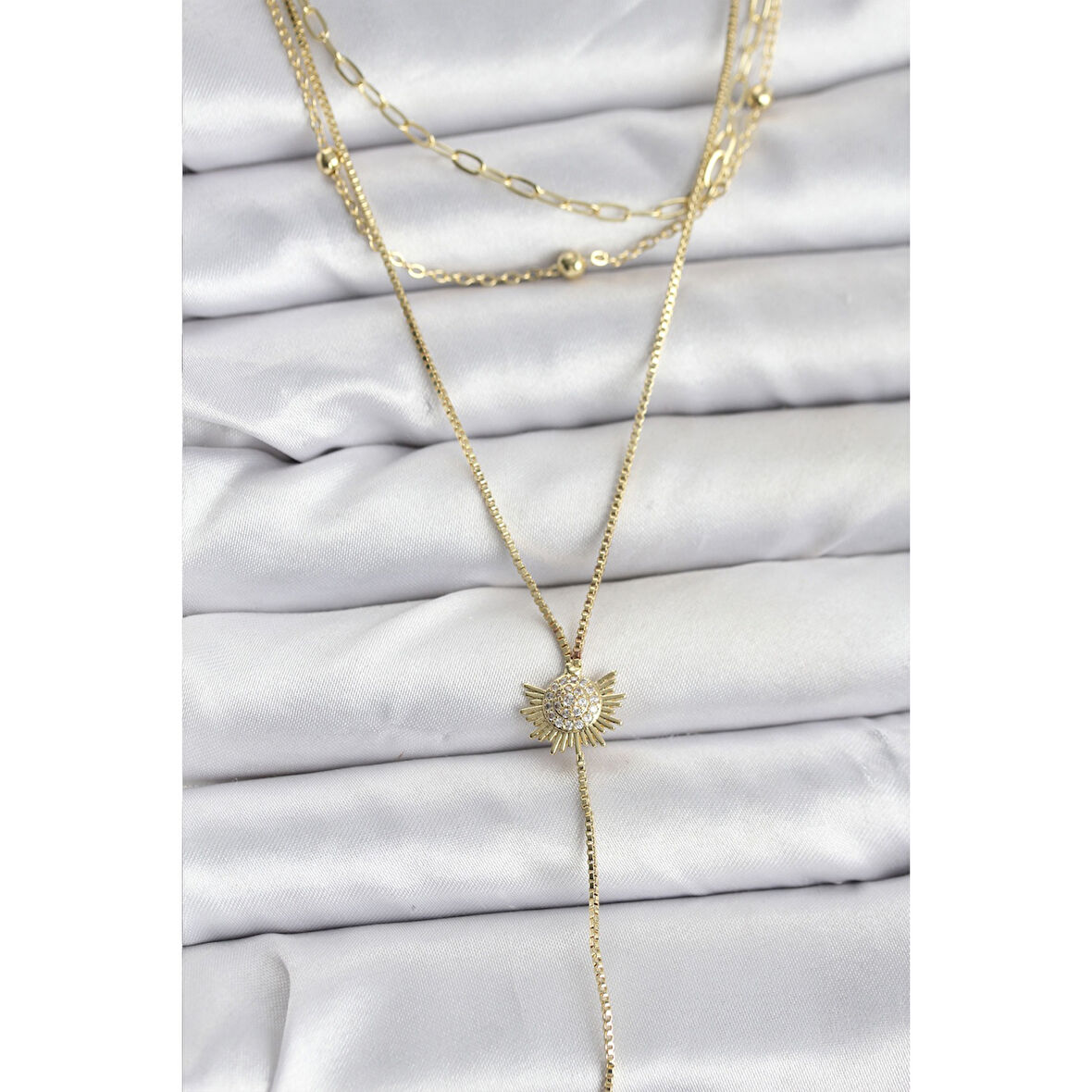 Pirinç Gold Renk Zirkon Taşlı Güneş Model Detaylı 3'lü Kombin Y Kadın Kolye
