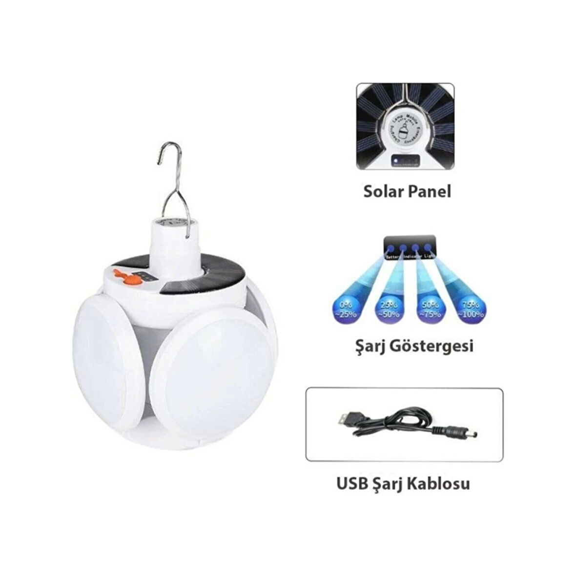 Solar Güneş Enerji Ve Usb Sarjli 5 Kanatlı