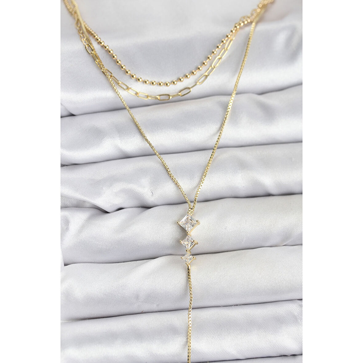 Pirinç Gold Renk Zirkon Taş Detaylı 3'lü Kombin Y Kadın Kolye