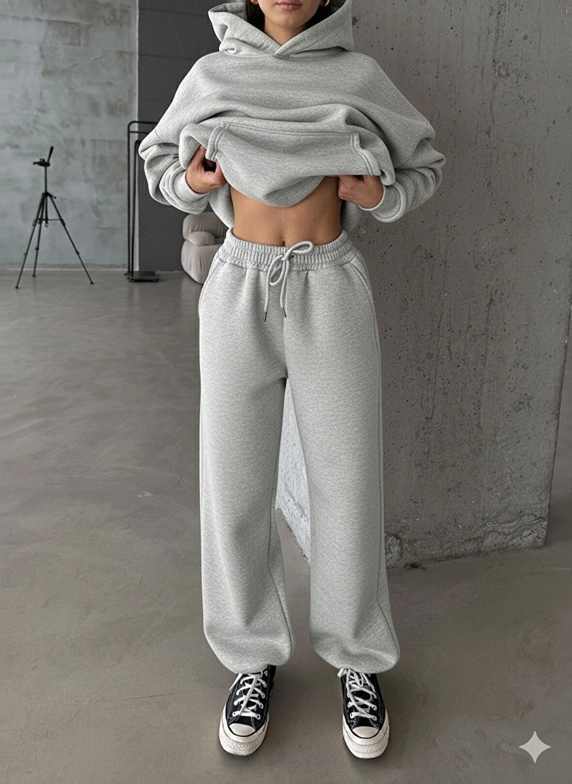 3 iplik şardonlu Lastik paça eşofman gri p510439