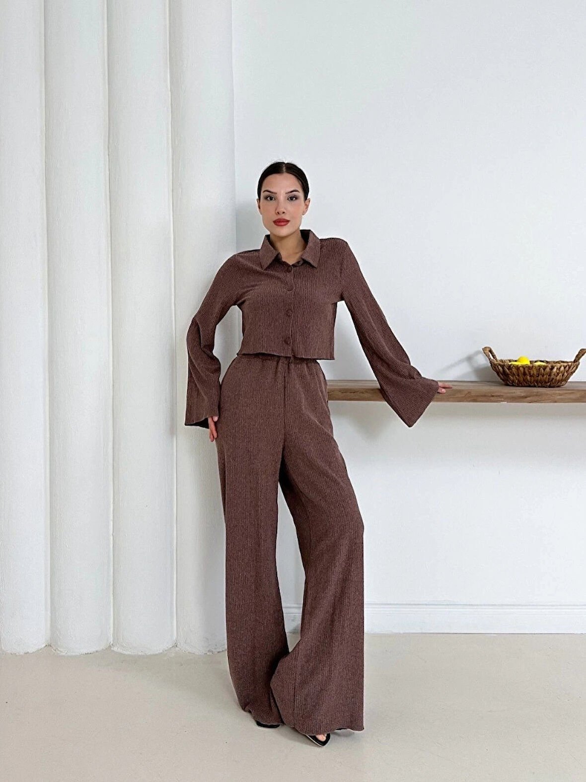 Gömlek yaka kaplama düğmeli takım kahve st265866