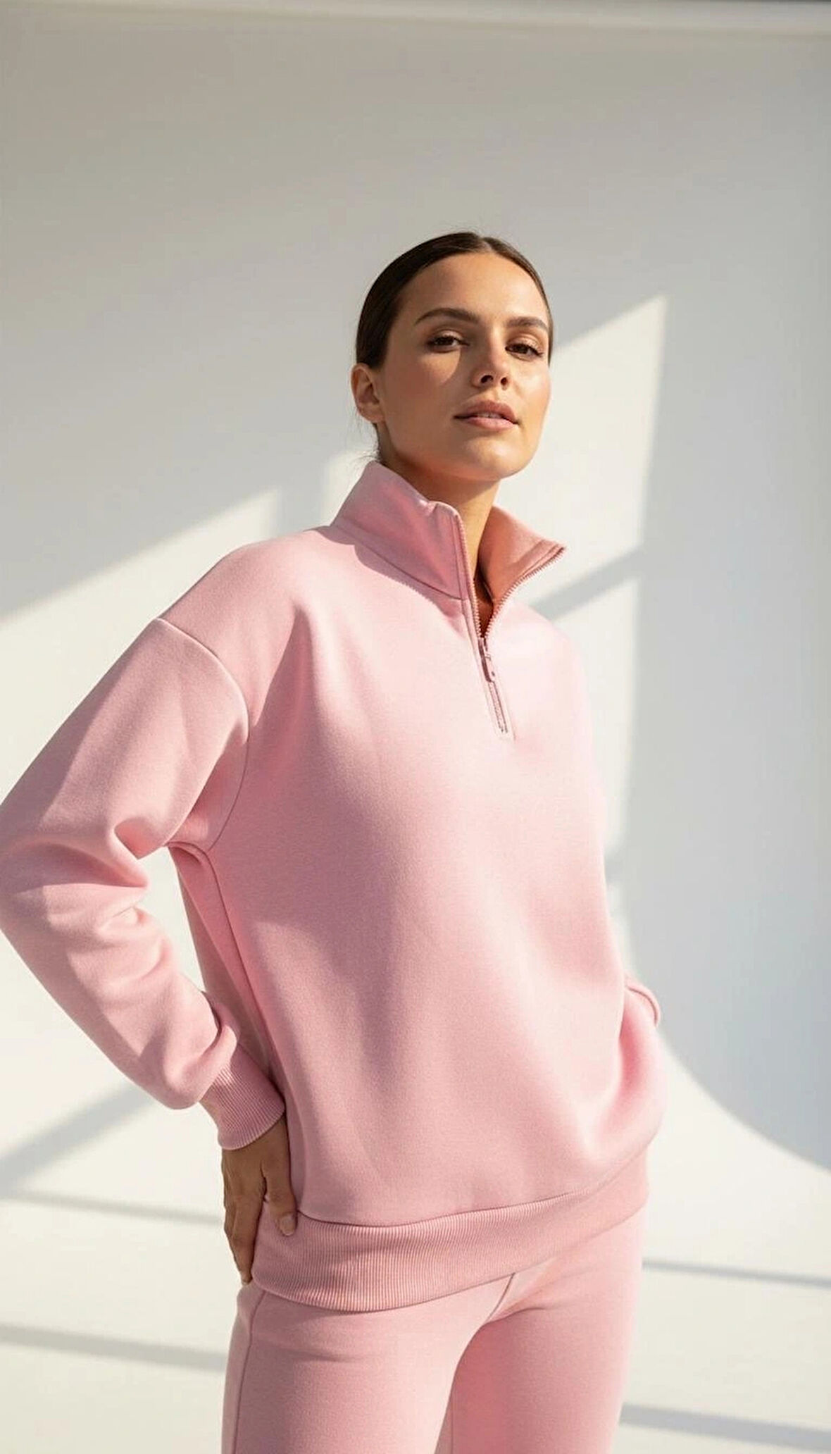 3 iplik Şardonlu yarım fermuarlı sweatshirt somon