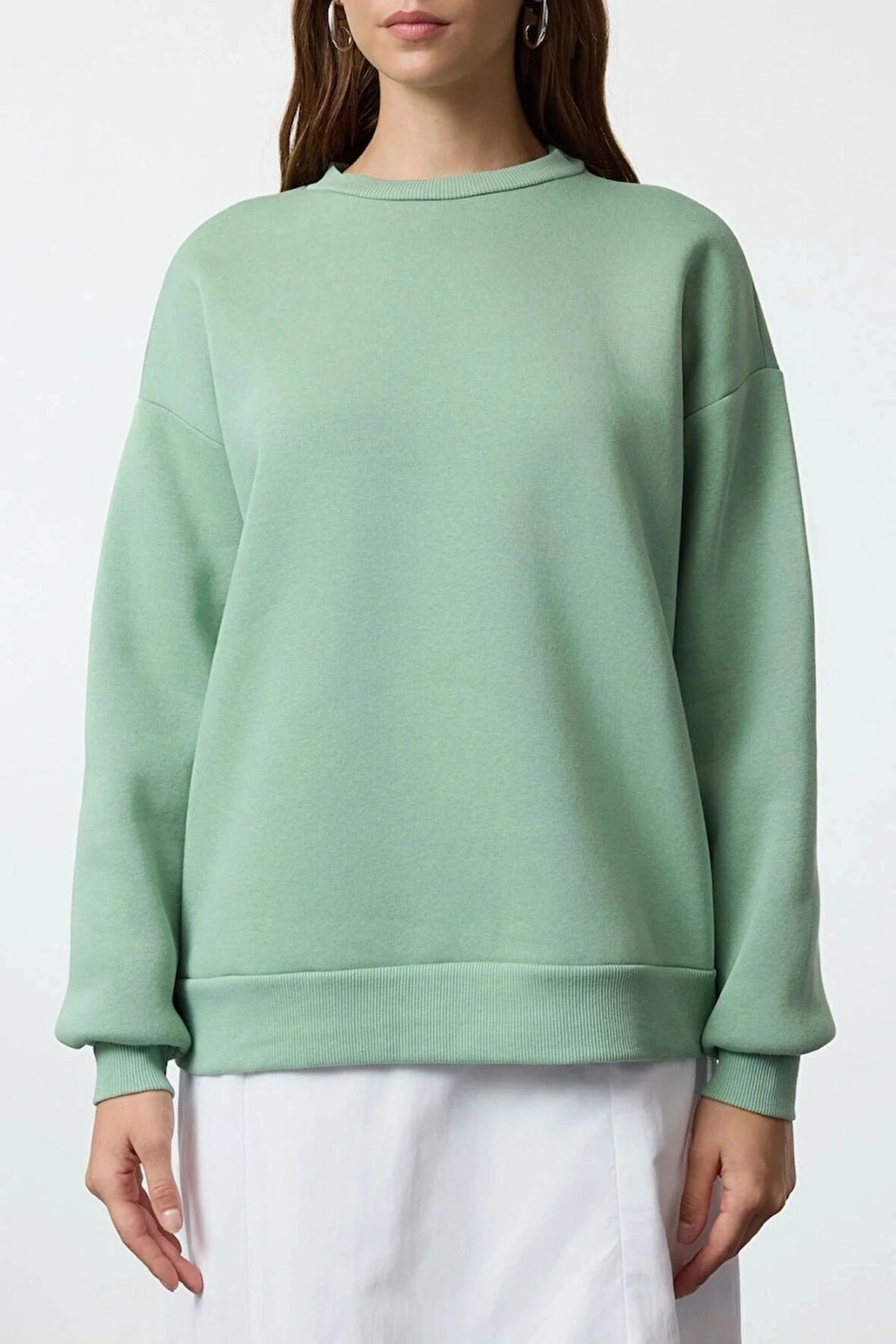 3 iplik şardonlu bisiklet yaka sweatshirt mint