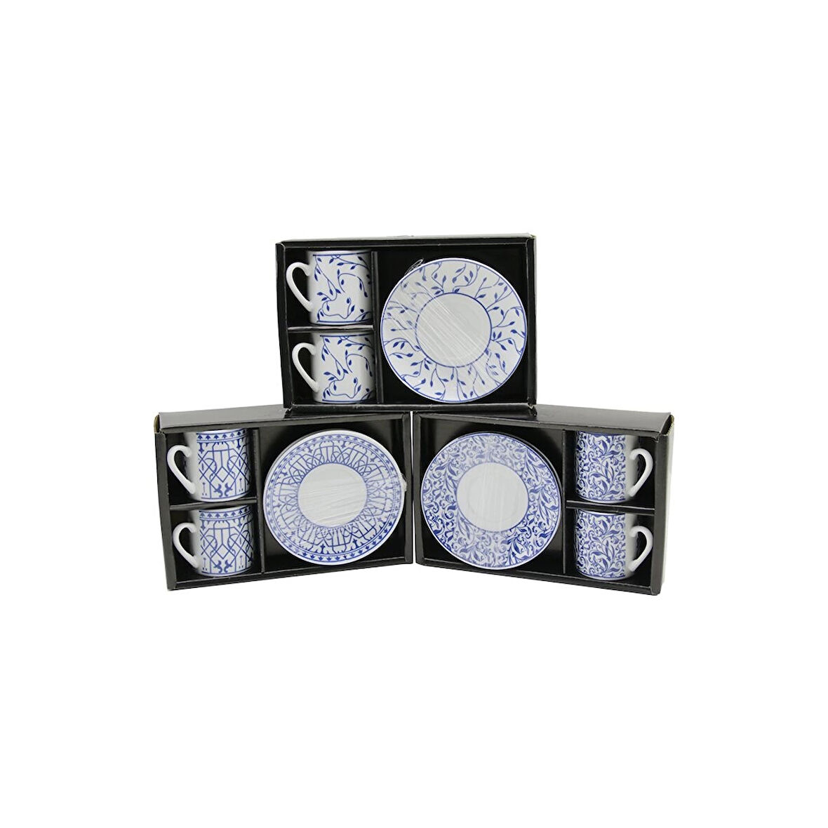 MAVİ - BEYAZ 4PCS=2-TAKIM  PORSELEN KAHVE FİNCANI  ÇİÇEK - ÇİZGİ - NOKTA MİX DESEN (5365)