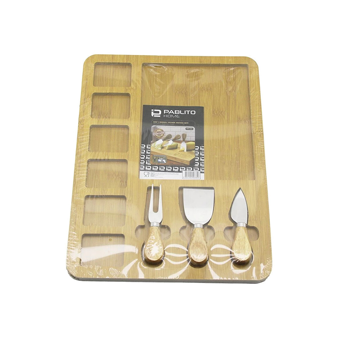 DİKDÖRTGEN  6+1 BÖLMELİ   MDF  KAHVALTI PEYNİR SUNUM PANOSU 3 BIÇAK=AHŞAP SAP 30X39.5CM (5365)