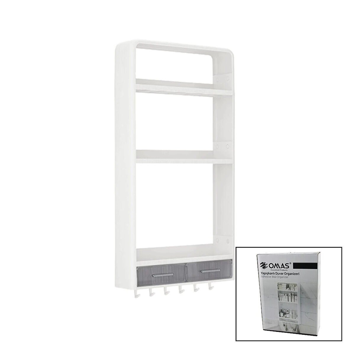 BEYAZ YAPIŞKANLI DUVAR ORGANİZERİ PLASTİK 3 RAF=14CM-19CM-30CM - 2 ÇEKMECE=40CM - 6 ASKI 19 PARÇA (5365)