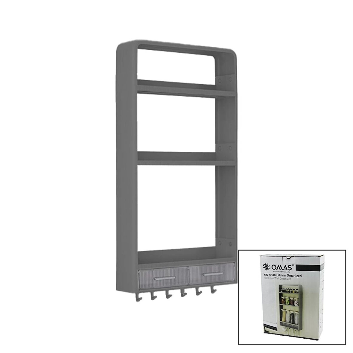 GRİ YAPIŞKANLI DUVAR ORGANİZERİ PLASTİK 3 RAF=14CM-19CM-30CM - 2 ÇEKMECE=40CM - 6 ASKI 19 PARÇA (5365)