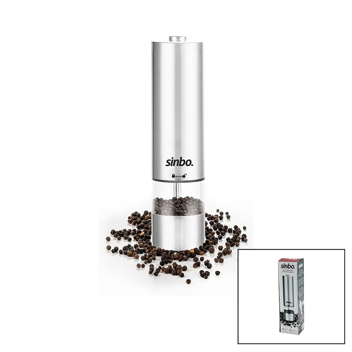 SİNBO SHB-7502 PİLLİ  OTOMATİK TUZ - KARABİBER ÖĞÜTÜCÜ IŞIKLI  ÇELİK GÖVDE  AKRİLİK HAZNE (5365)