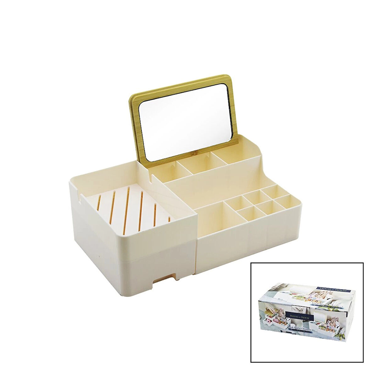 AYNALI BAMBU - ÇEKMECELİ MAKYAJ - TAKI ORGANİZER SERT PLASTİK 13 BÖLMELİ 28.5X17.5X9.5CM (5365)