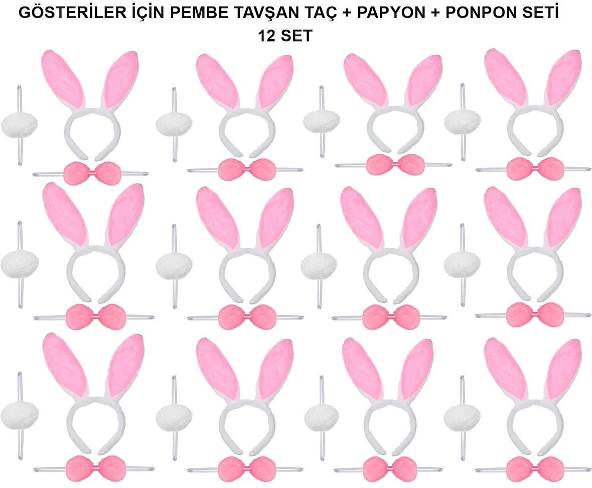 Pembe Tavşan Kostüm Seti – Taç, Papyon, Ponpon (12’li Paket) (5365)