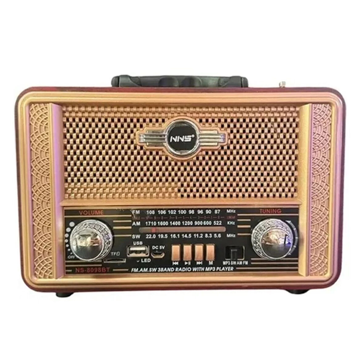 Retro, Nostaljik, Ahşap Tasarım Bluetooth Hoparlörlü, Şarjlı, Taşınabilir Otantik Tasarımlı FM/AM Destekli Radyo NS8098 (5365)