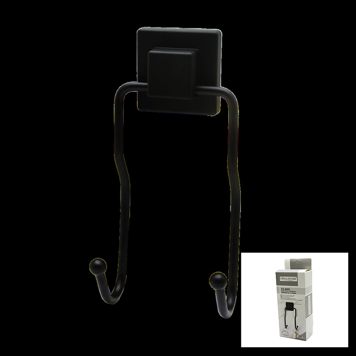 SİYAH - 2Lİ METAL SARKIK ASKI KARE GÜÇLÜ YAPIŞKANLI 8X9X19CM (5365)