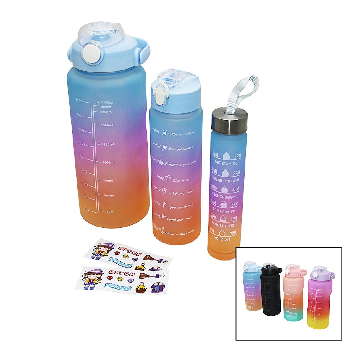 3 BOY YAVRULU PİPETLİ RENKLİ SULUK MATARA (5365)