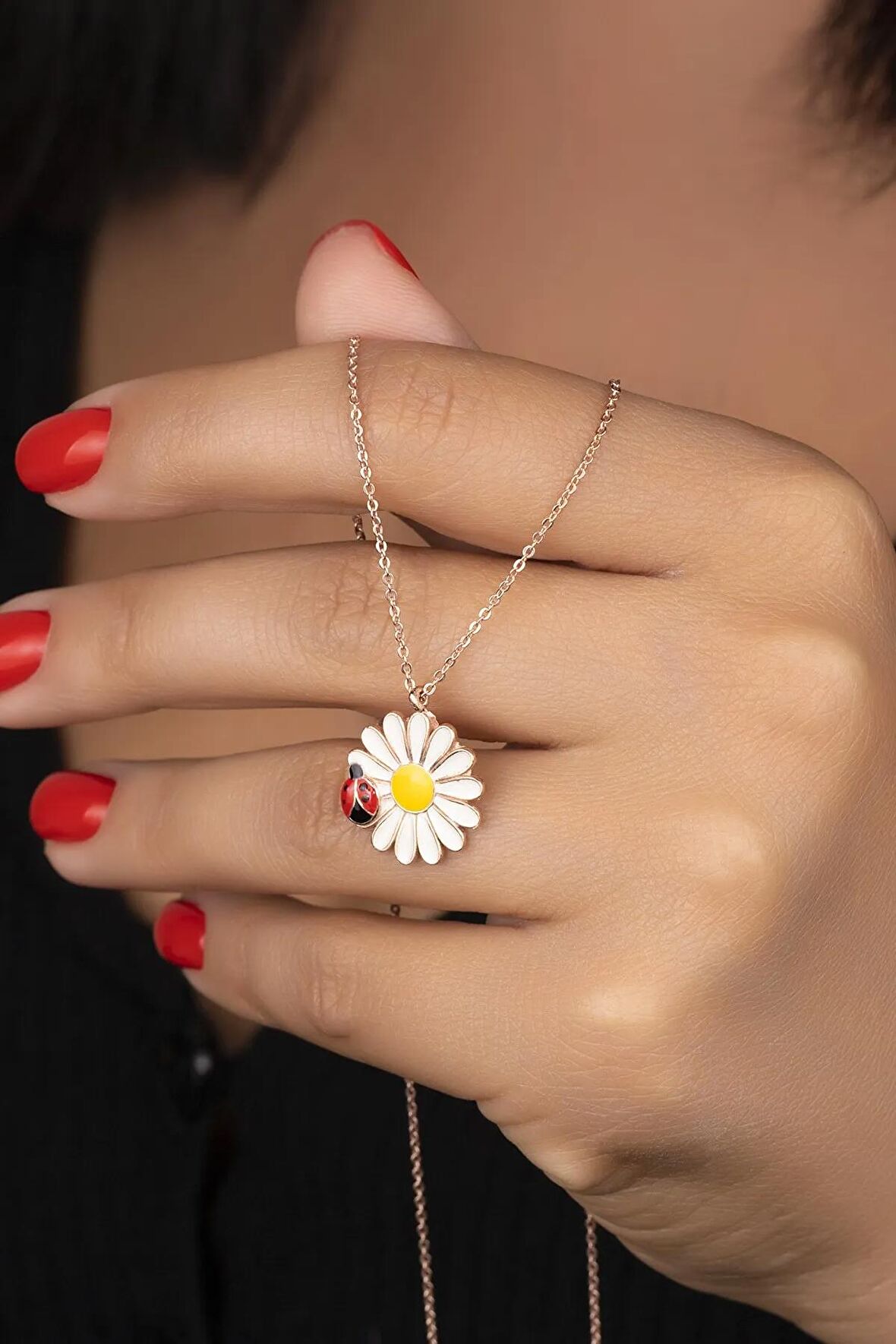 925 Ayar Gümüş Rose Uğur Böceği Papatya Kolye