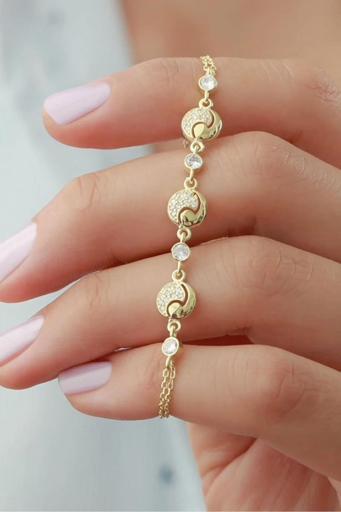 925 Ayar Gold Yuvarlak Zirkon Taşlı Gümüş Bileklik