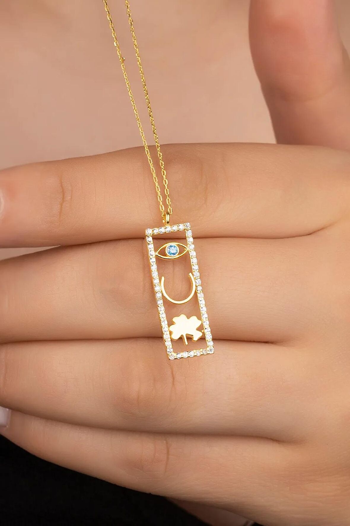 925 Ayar Gold Plaka Şans Gümüş Kolye