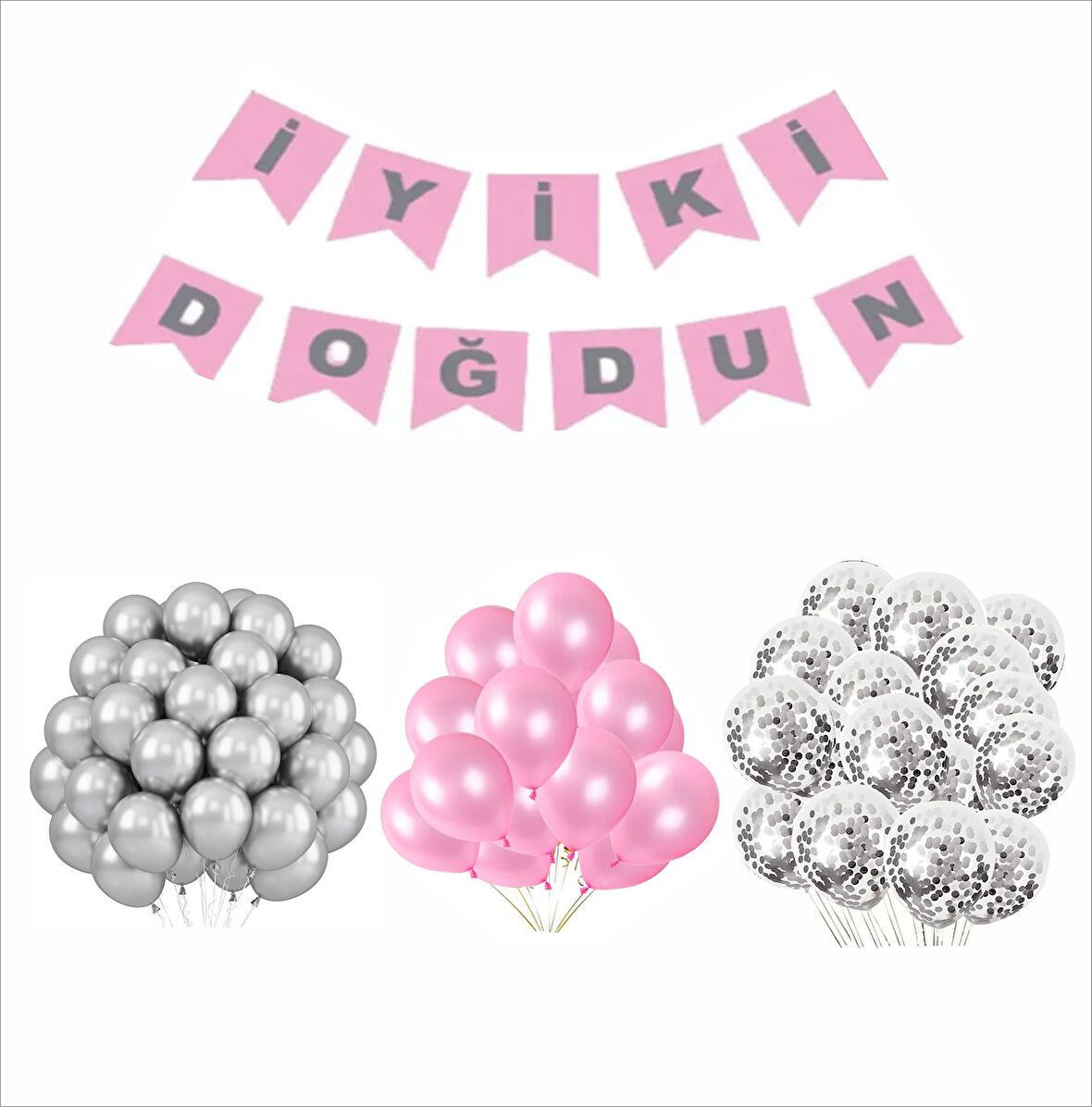 METALİK PEMBE-ŞEFFAF-GÜMÜŞ BALON+BANNER SETİ