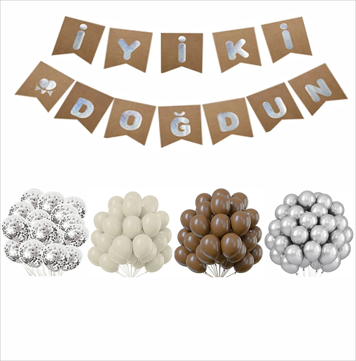 KAVERENGİ,DENİZ KUMU,GÜMÜŞ,ŞEFFAF BALON+KRAFT BANNER SETİ