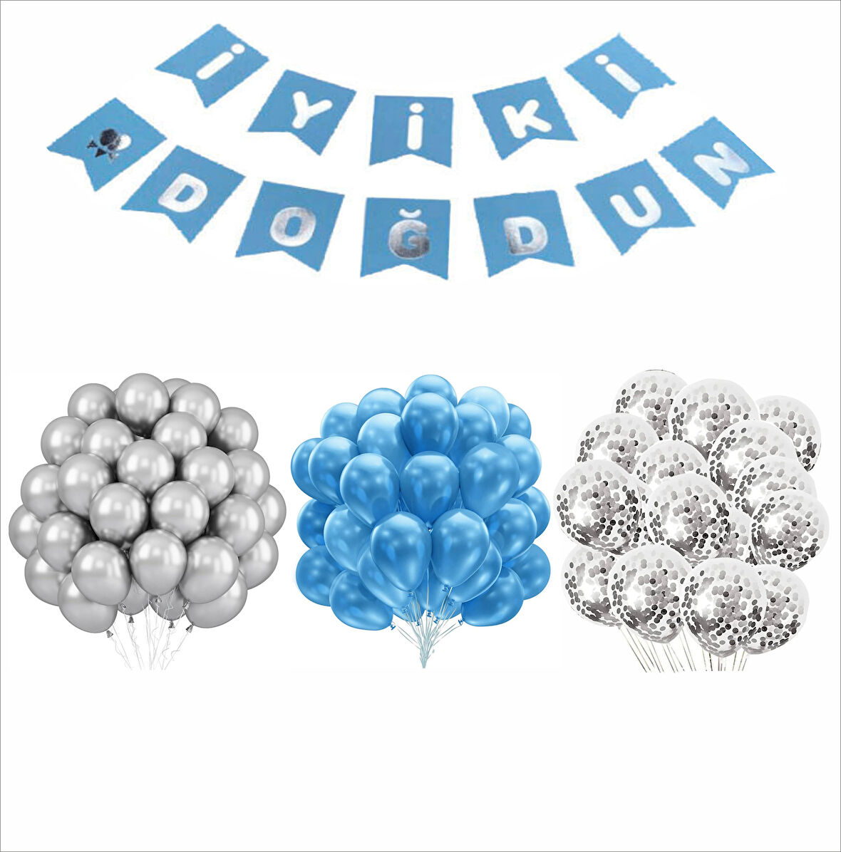 MAVİ-GÜMÜŞ-ŞEFFAF BALON+BANNER SETİ